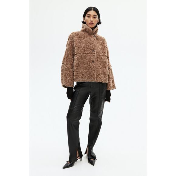 H&M Tan Faux Shearling Coat Women's Sz XS Button Up Teddy Sherpa Boxy Fit EUC - Picture 1 of 11